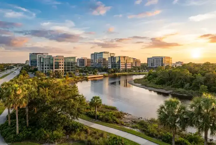 Bartram Park FL Jacksonville skyline at sunset along the St. Johns River with palms in the foreground — website design Bartram Park Jacksonville