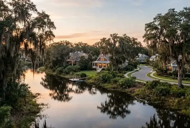 Fruit Cove FL waterfront homes along a quiet creek framed by Spanish moss live oaks — website design Fruit Cove, St. Johns County, Jacksonville FL