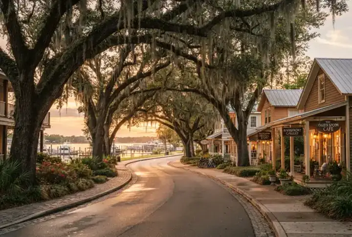 Mandarin FL oak-canopied street with local storefronts near the St. Johns River waterfront — website design Mandarin Jacksonville FL