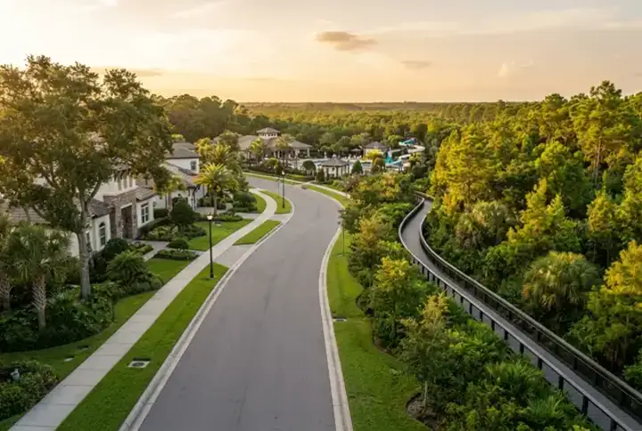 Nocatee FL planned community landscape with palm-lined neighborhood streets at sunset — website design Nocatee, Jacksonville FL