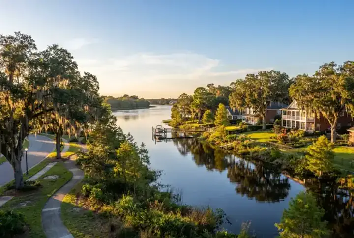 Orange Park FL moss-draped oak neighborhood along a quiet creek at sunset — website design Orange Park FL, Clay County