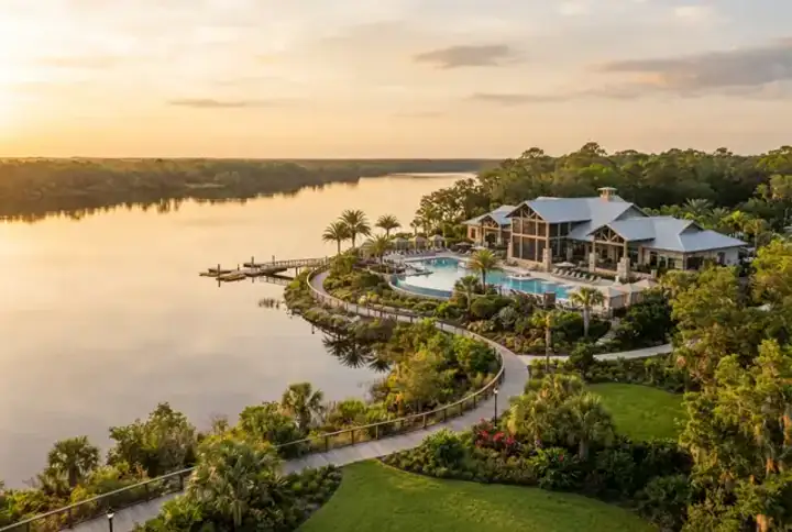Rivertown FL waterfront community resort pool overlooking the river at golden hour — website design Rivertown, Jacksonville FL