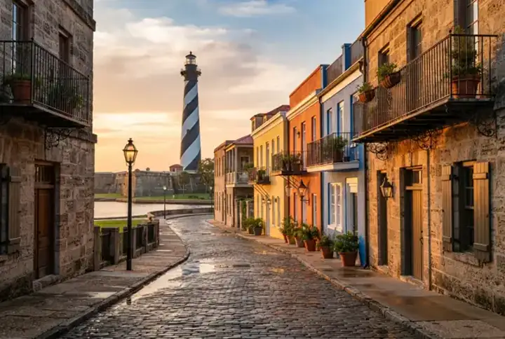 St. Augustine FL historic district cobblestone street with the St. Augustine Lighthouse in the background — website design St. Augustine FL