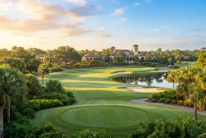 World Golf Village FL golf course and clubhouse framed by palms and water features — website design World Golf Village, St. Augustine FL