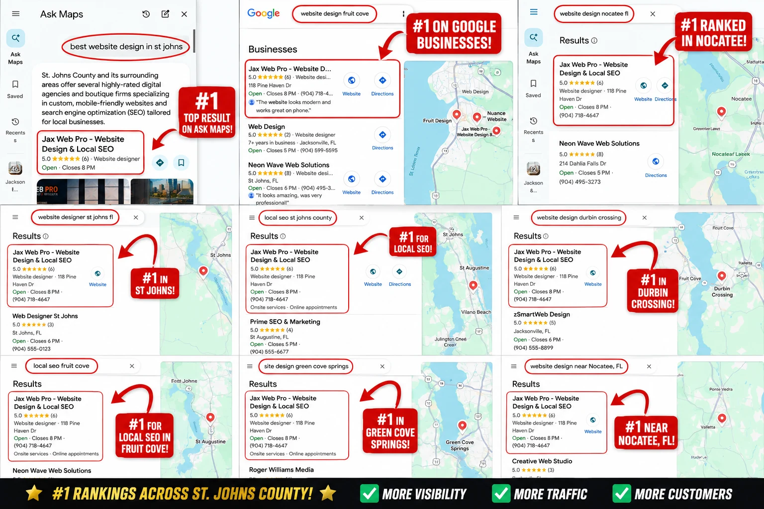 Google and Maps search screenshots showing Jax Web Pro ranked first for website design and local SEO searches across St. Johns County, Fruit Cove, Nocatee, Durbin Crossing, and Green Cove Springs
