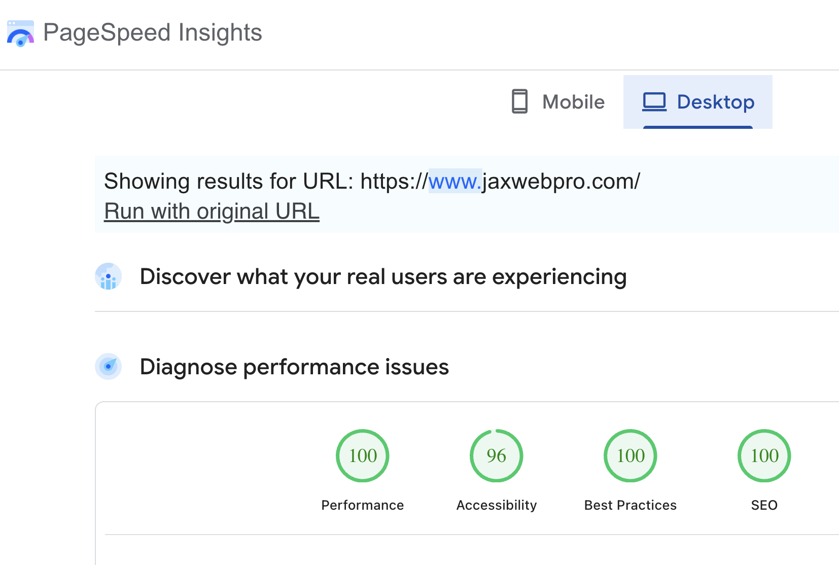 Google PageSpeed Insights desktop report for www.jaxwebpro.com showing Performance 100, Accessibility 96, Best Practices 100, and SEO 100.